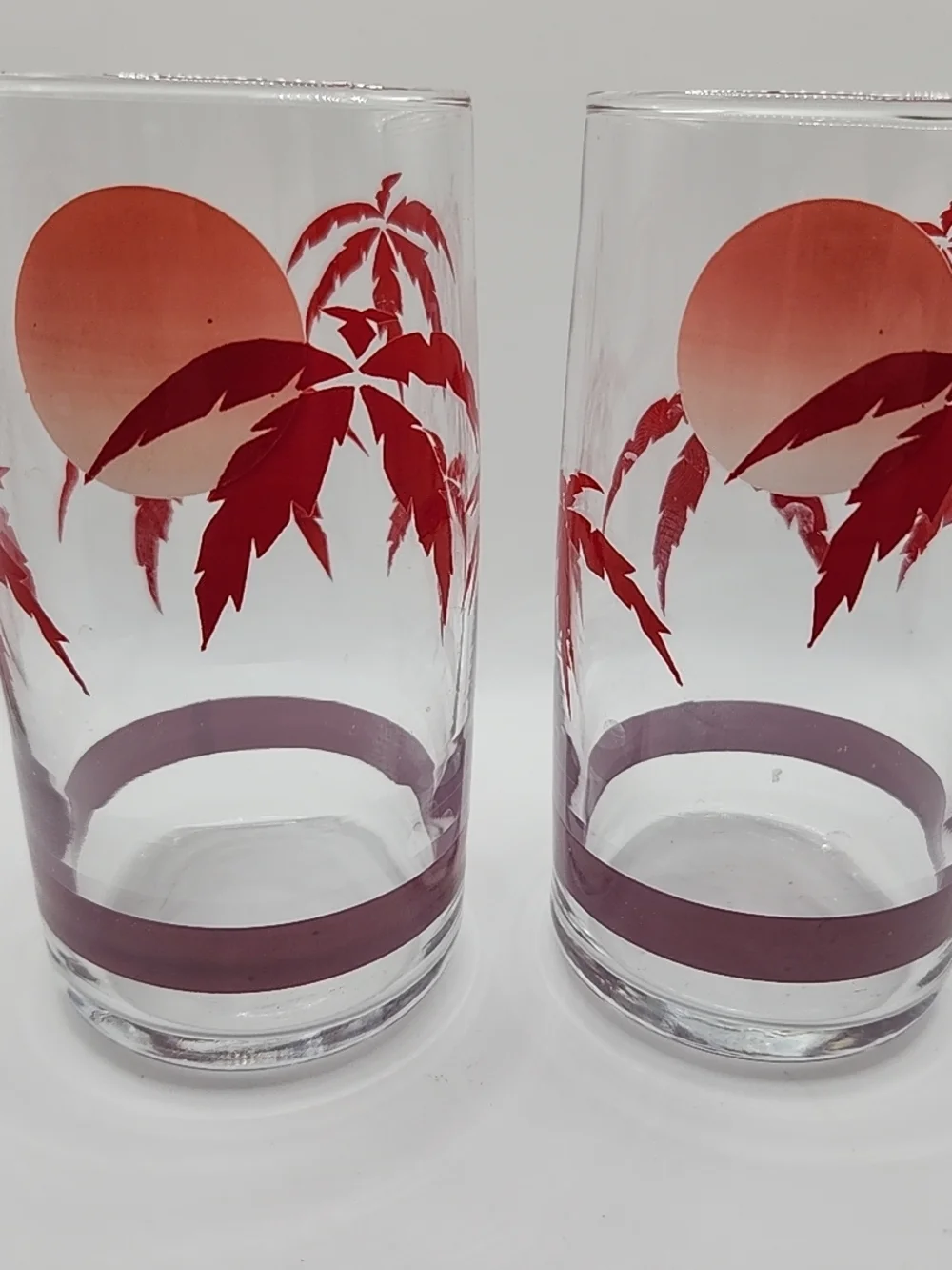 Clear Glass Tumbler Set with Red Palm Sunset Design vintage